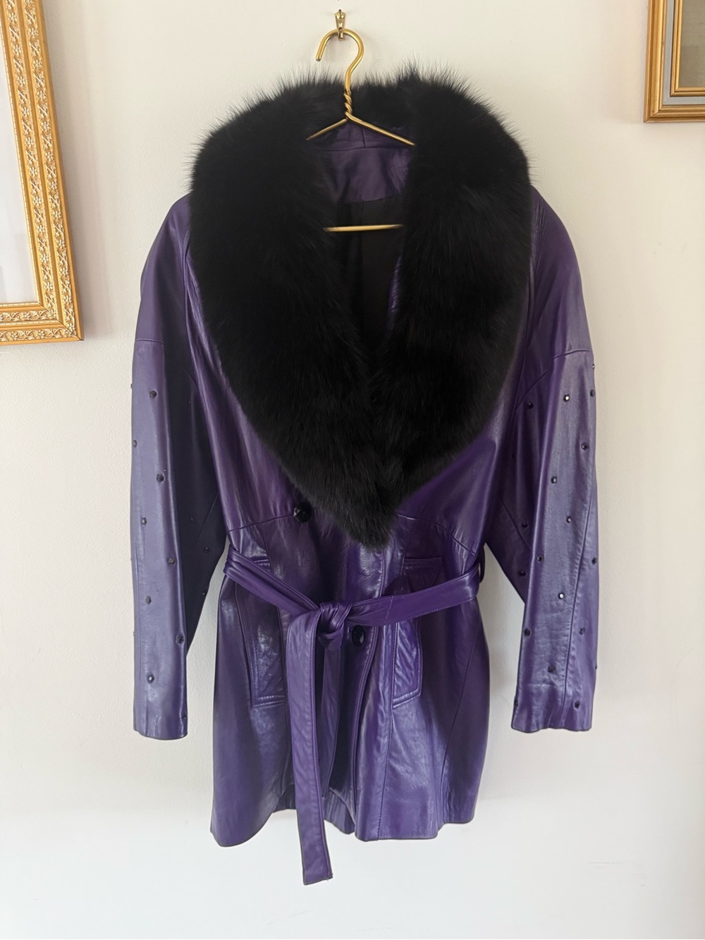 Vintage Purple Leather Coat with Black Fur Collar